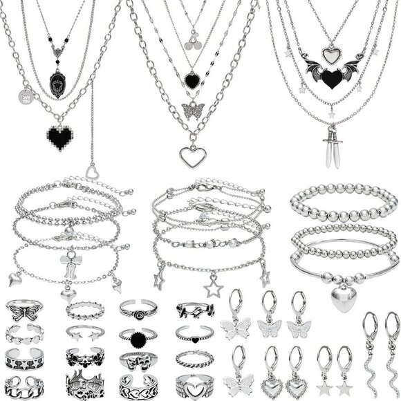 Jewelry - Silver Jewelry Set 45 Pieces for Women Men Vintage Punk Gothic Accessories